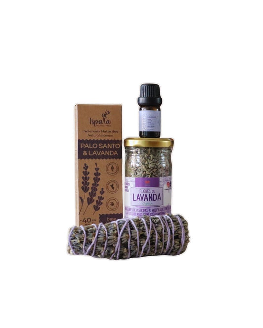 Kit Alma de Lavanda con frasco de flores secas y aceite esencial de lavanda