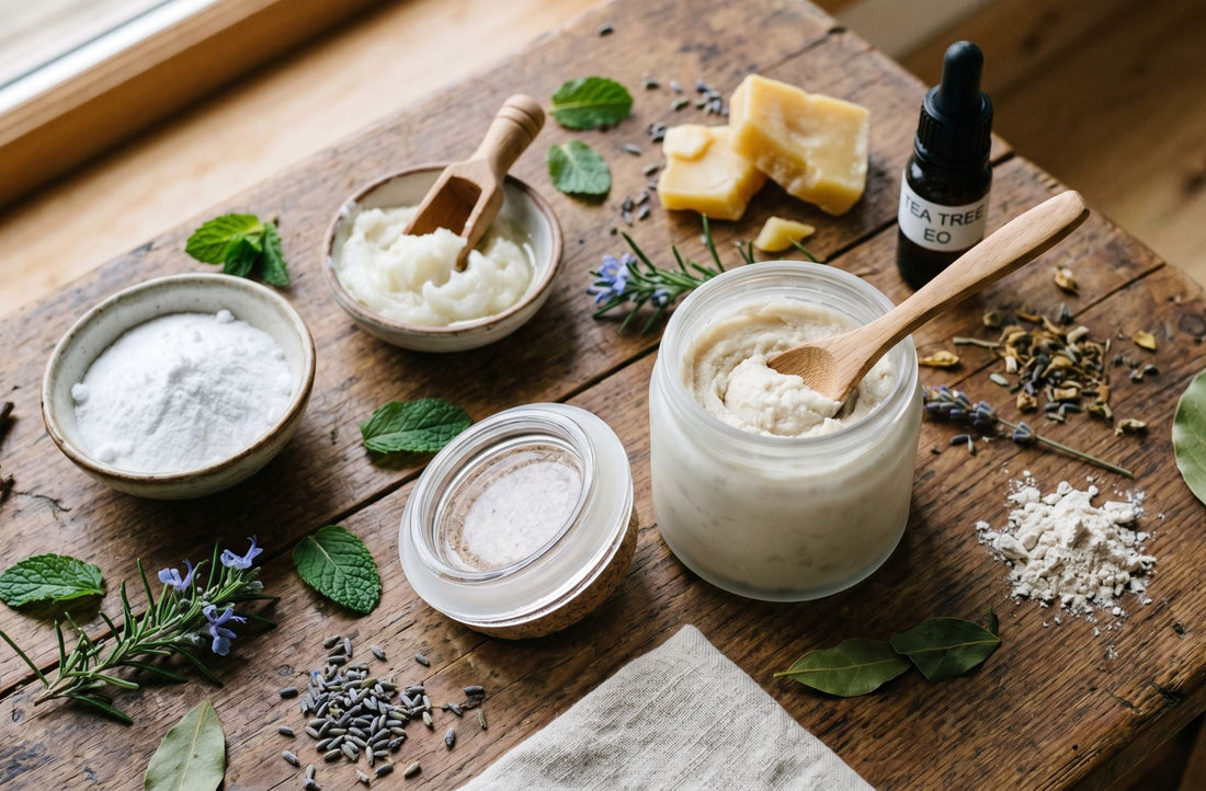 Ingredientes naturales de desodorante sin aluminio sobre superficie de madera