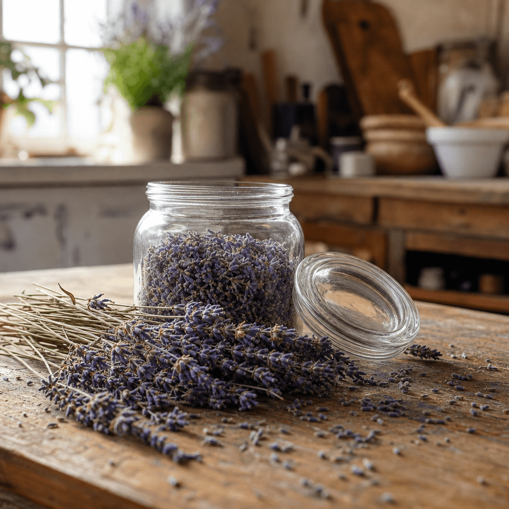 Flores de lavanda secas en frasco de vidrio