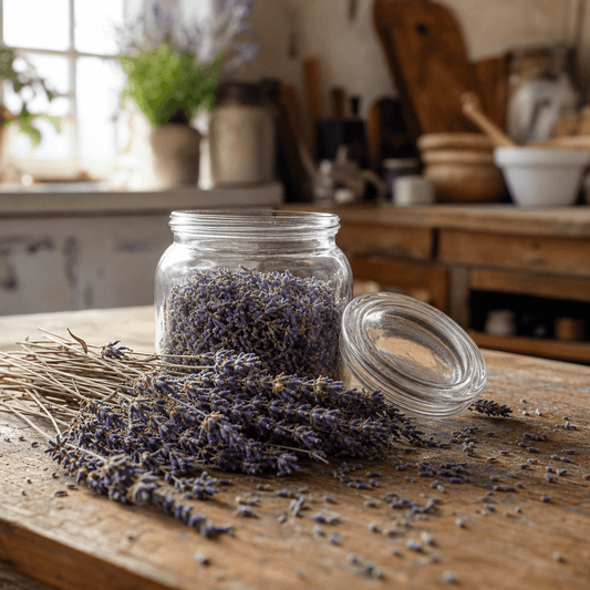 Flores de lavanda secas en frasco de vidrio