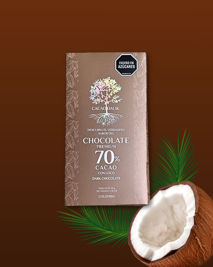 chocolate cacao 70 artesanal con coco
