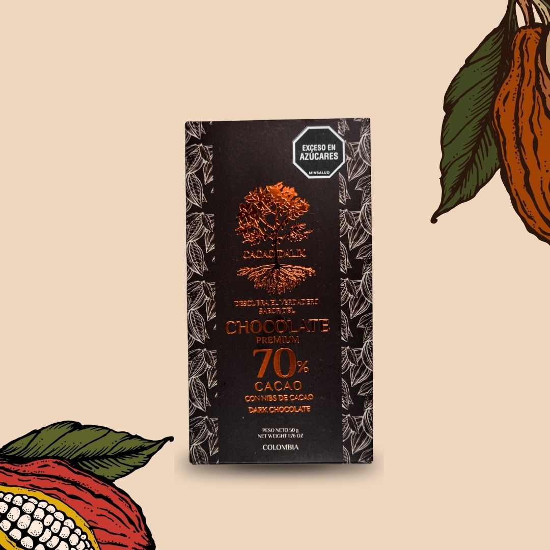 Chocolate artesanal 70 por ciento cacao con nibs Colombia