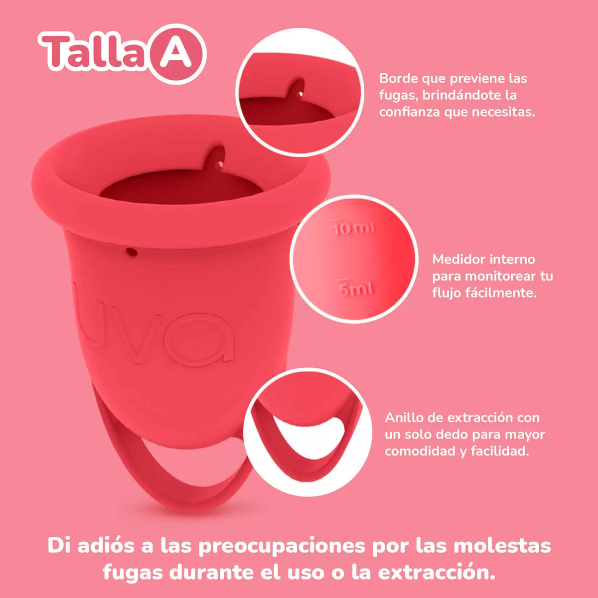 Características de la copa menstrual talla salmón: borde, medidor y anillo