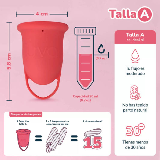 Medidas de la copa menstrual talla salmón: 4 cm, capacidad 20 ml
