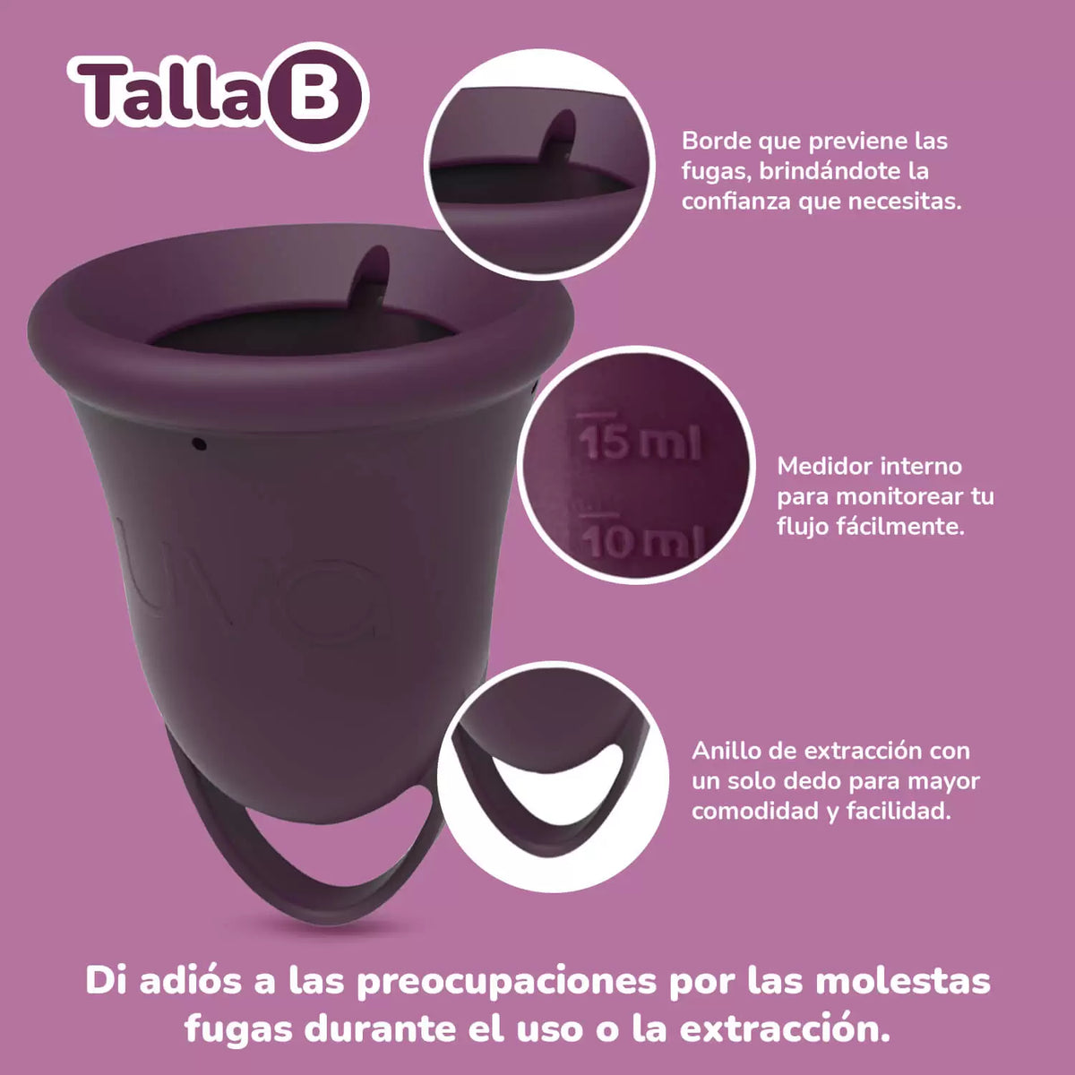 Características de la copa menstrual talla uva: borde, medidor y anillo
