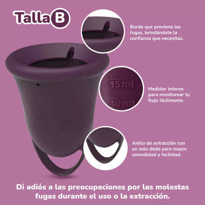 Características de la copa menstrual talla uva: borde, medidor y anillo