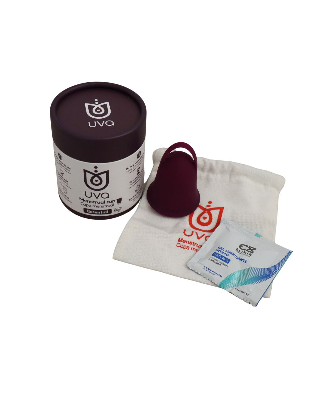 Copa menstrual talla uva con su empaque, bolsa de tela y lubricante