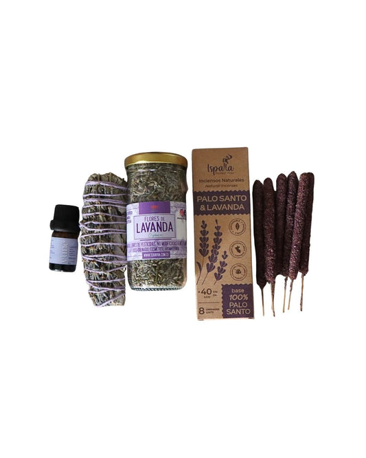 Kit de autocuidado con lavanda: incienso, aceite esencial y flores secas, 100% natural