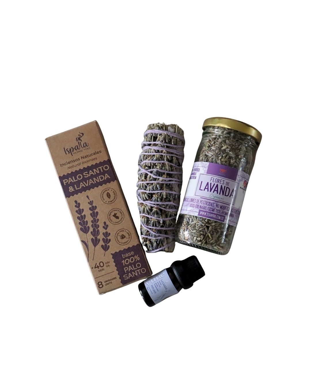Kit de lavanda con aceite esencial, incienso artesanal y flores secas en frasco