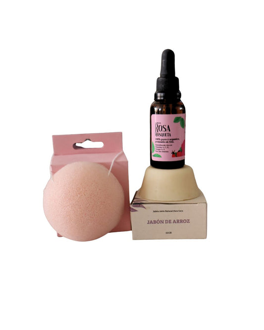 Kit limpieza facial natural con aceite de rosa mosqueta jabon de arroz y esponja konjac