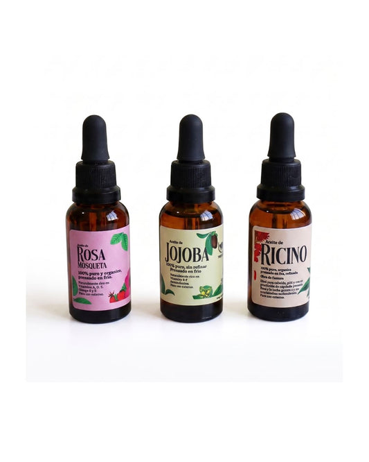 Kit tres aceites vegetales puros rosa mosqueta jojoba y ricino 30ml